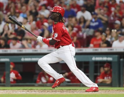 Jun 6, 2023; Cincinnati, Ohio, USA; Cincinnati Reds third baseman Elly De La Cruz reacts after hitting his first career hit for a double against the Los Angeles Dodgers during the third inning at Great American Ball Park. Mandatory Credit: David Kohl-USA TODAY Sports