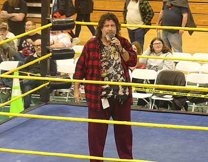Before the World Classic Professional Big Time Wrestling show Mick Foley answered fan questions while in the ring.