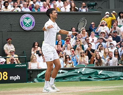 Jul 11, 2021; London, United Kingdom; Novak Djokovic (SRB) celebrates winning the mens final against Matteo Berrettini (ITA) on Centre Court at All England Lawn Tennis and Croquet Club. Mandatory Credit: Peter van den Berg-USA TODAY Sports