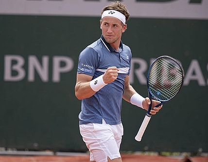 Jun 2, 2021; Paris, France;  Casper Ruud (NOR) reacts during his match against Kamil Majchrzak (POL) on day four of the French Open at Stade Roland Garros. Mandatory Credit: Susan Mullane-USA TODAY Sports