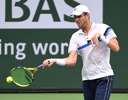 Oct 7, 2021; Indian Wells, CA, USA;  Sam Querrey (USA) hits a shot during his first round match against Daniel Altmaier (GER) in the BNP Paribas Open at the Indian Wells Tennis Garden. Mandatory Credit: Jayne Kamin-Oncea-USA TODAY Sports