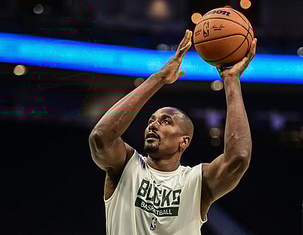 Nov 23, 2022; Milwaukee, Wisconsin, USA; Milwaukee Bucks center Serge Ibaka (25) warms up before a game against the Chicago Bulls at Fiserv Forum. Mandatory Credit: Benny Sieu-USA TODAY Sports