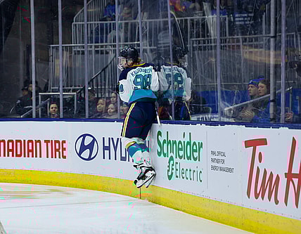Sirens rookie forward Kristyna Kaltounkova leaps against the boards after scoring two goals against the Toronto Sceptres.
