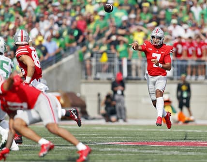 Ohio State Buckeyes quarterback C.J. Stroud (7) throws the ball against Oregon Ducks during the fourth quarter in their NCAA Division I game on Saturday, September 11, 2021 at Ohio Stadium in Columbus, Ohio.

Osu21ore Kwr 33