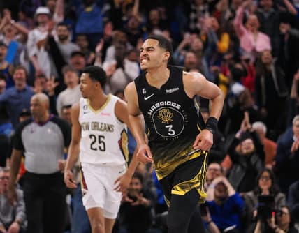 Mar 28, 2023; San Francisco, California, USA; Golden State Warriors guard Jordan Poole (3) celebrates after scoring a basket against the New Orleans Pelicans during the fourth quarter at Chase Center. Mandatory Credit: Kelley L Cox-USA TODAY Sports