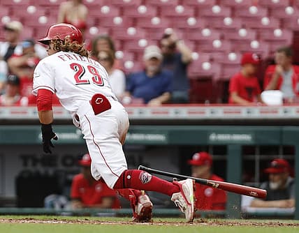 Sep 4, 2022; Cincinnati, Ohio, USA; Cincinnati Reds right fielder TJ Friedl (29) runs after hitting a single against the Colorado Rockies during the third inning at Great American Ball Park. Mandatory Credit: David Kohl-USA TODAY Sports