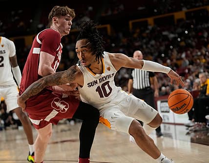 Dec 4, 2022; Tempe, Arizona, USA;  Arizona State guard Frankie Collins (10) is defended by Stanford forward Max Murrell (10) during Pac 12 play at Desert Financial Arena. Mandatory Credit: Michael Chow-Arizona Republic

Basketball Asu Stan Stanford At Arizona State
