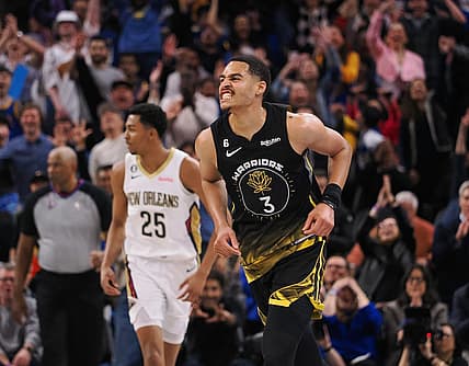 Mar 28, 2023; San Francisco, California, USA; Golden State Warriors guard Jordan Poole (3) celebrates after scoring a basket against the New Orleans Pelicans during the fourth quarter at Chase Center. Mandatory Credit: Kelley L Cox-USA TODAY Sports
