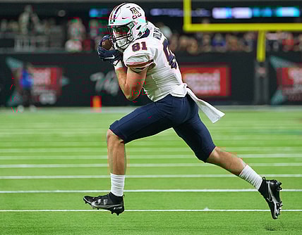 Sep 4, 2021; Paradise, Nevada, USA; Arizona Wildcats tight end Bryce Wolma (81) looks upfield after making a catch against the Brigham Young Cougars at Allegiant Stadium. Mandatory Credit: Stephen R. Sylvanie-USA TODAY Sports