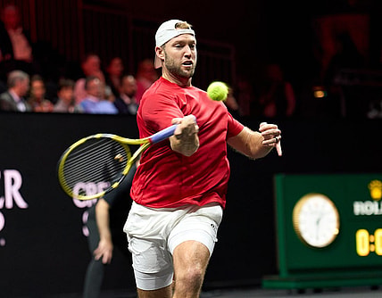 Sep 23, 2022; London, United Kingdom;  Jack Sock (USA) plays a shot against Casper Ruud (NOR) in his Laver Cup tennis match.  Mandatory Credit: Peter van den Berg-USA TODAY Sports