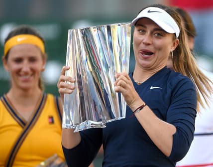 Oct 17, 2021; Indian Wells, CA, USA;  Paula Badosa (ESP) holds the champion trophy after defeating Victoria Azarenka (BLR) in 3 sets n the women   s final in the BNP Paribas Open at the Indian Wells Tennis Garden. Mandatory Credit: Jayne Kamin-Oncea-USA TODAY Sports