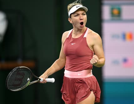 Mar 13, 2022; Indian Wells, CA, USA;  Simona Halep (ROU) celebrates after defeating Coco Gauff (USA) in her third round match at the BNP Paribas Open at the Indian Wells Tennis Garden. Mandatory Credit: Jayne Kamin-Oncea-USA TODAY Sports