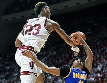 Nov 7, 2022; Bloomington, Indiana, USA;  Indiana Hoosiers forward Trayce Jackson-Davis (23) blocks the shot attempt from Morehead State Eagles guard Trent Scott (11) during the second half at Simon Skjodt Assembly Hall. Mandatory Credit: Robert Goddin-USA TODAY Sports