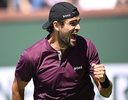 Mar 15, 2022; Indian Wells, CA, USA; Matteo Berrettini (ITA) celebrates as he defeated Lloyd Harris (RSA) in his third round match at the BNP Paribas Open at the Indian Wells Tennis Garden. Mandatory Credit: Jayne Kamin-Oncea-USA TODAY Sports