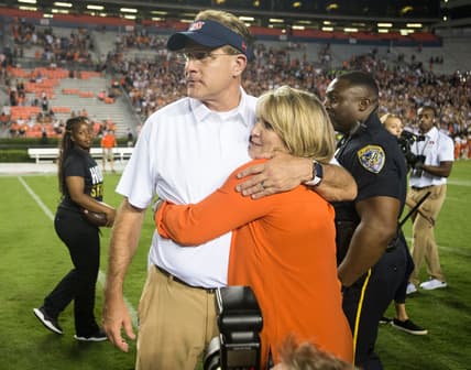 Auburn head coach Gus Malzahn hugs his wife, Kristi, after the game at Jordan-Hare Stadium in Auburn, Ala., on Saturday, Sept. 8, 2018. Auburn defeated Alabama State 63-9. 

Jc Auburnasu 63