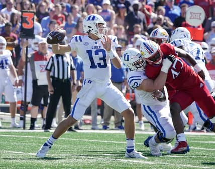 Sep 24, 2022; Lawrence, Kansas, USA; Duke Blue Devils quarterback Riley Leonard (13) throws a pass against the Kansas Jayhawks during the first half of the game at David Booth Kansas Memorial Stadium. Mandatory Credit: Denny Medley-USA TODAY Sports