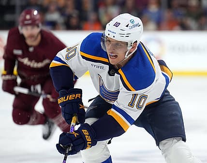 Nov 22, 2023; Tempe, Arizona, USA; St. Louis Blues center Brayden Schenn (10) skates against the Arizona Coyotes during the second period at Mullett Arena. Mandatory Credit: Joe Camporeale-USA TODAY Sports