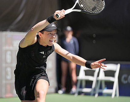 February 27, 2023; Austin, TX, USA; Katie Volynets returns a shot against Alison Riske-Amritraj at the Women's Tennis Association ATX Open at Westwood Country Club in Austin, Texas, on Monday February 27, 2023.  Volynets won 6-3, 3-6, 6-0.  Mandatory Credit: Jay Janner-USA TODAY NETWORK