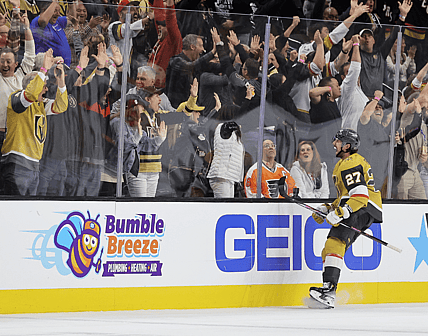 Theodore celebrates after scoring the game winner 10/24/23 against theFlyers (Photo/Screenshot- Vegas Golden Knights via Twitter)