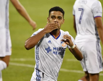 Jul 17, 2021; Montreal, Quebec, CAN; FC Cincinnati forward Brenner Souza da Silva (9) reacts after scoring a goal against CF Montreal during the second half at Stade Saputo. Mandatory Credit: Eric Bolte-USA TODAY Sports