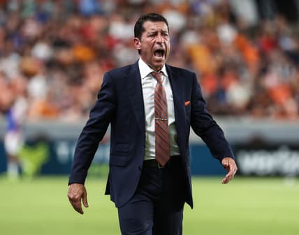 Jul 3, 2021; Houston, Texas, USA; Houston Dynamo head coach Tab Ramos reacts during the match against FC Cincinnati at BBVA Stadium. Mandatory Credit: Troy Taormina-USA TODAY Sports