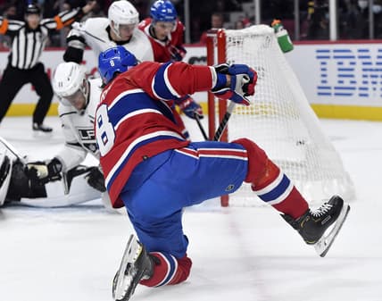 Nov 9, 2021; Montreal, Quebec, CAN; Montreal Canadiens defenseman Ben Chiarot (8) scores a goal against the Los Angeles Kings during the first period at the Bell Centre. Mandatory Credit: Eric Bolte-USA TODAY Sports