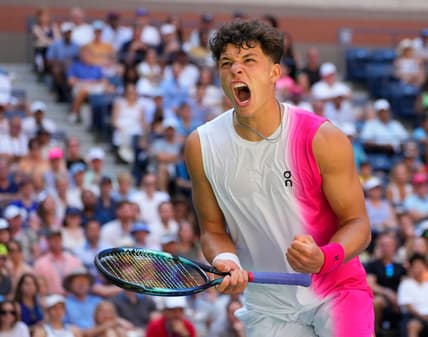 Sept 3, 2023; Flushing, NY, USA; Ben Shelton of the USA after a winner in the 4th set to Tommy Paul of the USA on day seven of the 2023 U.S. Open tennis tournament at USTA Billie Jean King National Tennis Center. Mandatory Credit: Robert Deutsch-USA TODAY Sports