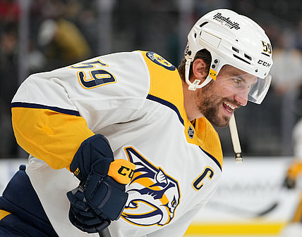 Jan 4, 2022; Las Vegas, Nevada, USA; Nashville Predators defenseman Roman Josi (59) warms up before a game against the Vegas Golden Knights at T-Mobile Arena. Mandatory Credit: Stephen R. Sylvanie-USA TODAY Sports