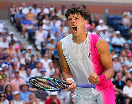 Sept 3, 2023; Flushing, NY, USA; Ben Shelton of the USA after a winner in the 4th set to Tommy Paul of the USA on day seven of the 2023 U.S. Open tennis tournament at USTA Billie Jean King National Tennis Center. Mandatory Credit: Robert Deutsch-USA TODAY Sports