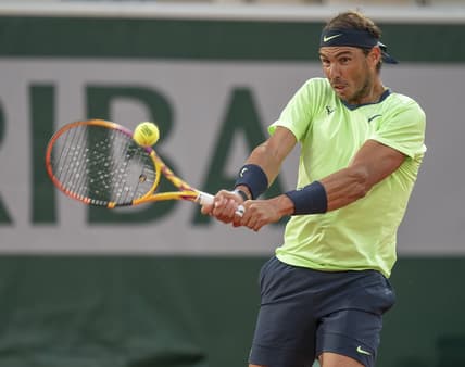Jun 3, 2021; Paris, France;  Rafael Nadal (ESP) in action during his match against Richard Gasquet (FRA) on day five of the French Open at Stade Roland Garros. Mandatory Credit: Susan Mullane-USA TODAY Sports