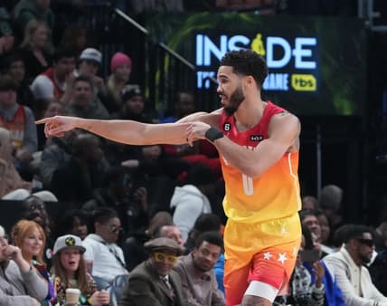 Feb 19, 2023; Salt Lake City, UT, USA; Team Giannis forward Jayson Tatum (0) celebrates a three-point shot against Team LeBron in the 2023 NBA All-Star Game at Vivint Arena. Mandatory Credit: Kyle Terada-USA TODAY Sports