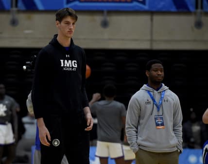 IMG Blue's Olivier Rioux, tallest teenager and high school basketball player in the world, watches as his team warms up for their game against Keystone in the Governors Challenge at Wicomico Civic Center in Salisbury, Maryland.

Bkh Img Academy Blue Keystone Athletic Academy Governors Challenge