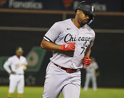 Sep 8, 2022; Oakland, California, USA; Chicago White Sox designated hitter Eloy Jimenez (74) rounds the bases after hitting a two-run home run against the Oakland Athletics during the fourth inning at RingCentral Coliseum. Mandatory Credit: Kelley L Cox-USA TODAY Sports