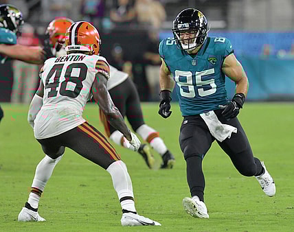 Jacksonville Jaguars tight end Tim Tebow (85) tries to get open while being defended by Cleveland Browns safety Elijah Benton (48) during fourth quarter action. The Jacksonville Jaguars hosted the Cleveland Browns for their only home preseason game at TIAA Bank Field in Jacksonville, Florida Saturday night, August 14, 2021. The Browns led at the half 13 to 0 and won with a final score of 23 to 13.  [Bob Self/Florida Times-Union]

Jki 081421 Jagsvsbrowns 24