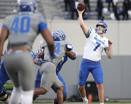 Memphis Tigers quarterback Grant Gunnell throws the ball during their Friday Night Stripes spring game at the Liberty Bowl Memorial Stadium on Friday, April 16, 2021.

A11i1727