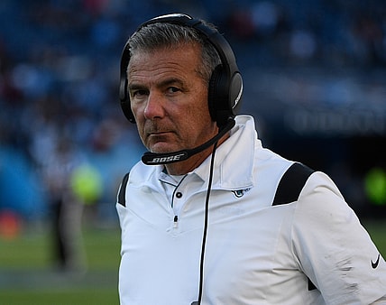 Dec 12, 2021; Nashville, Tennessee, USA;  Jacksonville Jaguars head coach Urban Meyer on the sidelines against the Tennessee Titans during the second half at Nissan Stadium. Mandatory Credit: Steve Roberts-USA TODAY Sports
