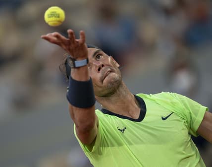 Jun 11, 2021; Paris, France; Rafael Nadal (ESP) in action during his semifinal match against Novak Djokovic (SRB) on day 13 of the French Open at Stade Roland Garros. Mandatory Credit: Susan Mullane-USA TODAY Sports