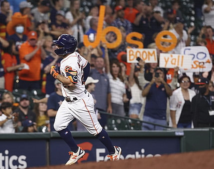 Jul 20, 2021; Houston, Texas, USA; Houston Astros second baseman Jose Altuve (27) rounds the bases after hitting a home run during the third inning against the Cleveland Indians at Minute Maid Park. Mandatory Credit: Troy Taormina-USA TODAY Sports