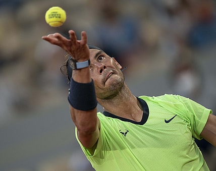 Jun 11, 2021; Paris, France; Rafael Nadal (ESP) in action during his semifinal match against Novak Djokovic (SRB) on day 13 of the French Open at Stade Roland Garros. Mandatory Credit: Susan Mullane-USA TODAY Sports