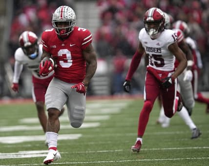 Nov 12, 2022; Columbus, Ohio, USA; Ohio State Buckeyes running back Miyan Williams (3) runs in a touchdown in the first quarter of their NCAA Division I football game between the Ohio State Buckeyes and the Indiana Hoosiers at Ohio Stadium. Mandatory Credit: Brooke LaValley/The Columbus Dispatch-USA TODAY NETWORK