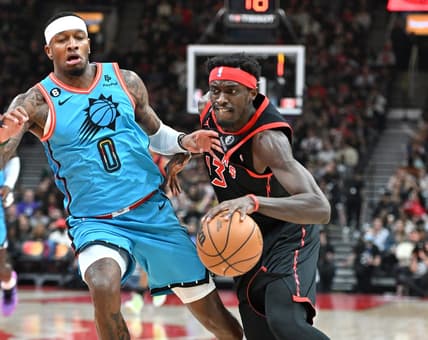 Dec 30, 2022; Toronto, Ontario, CAN; Toronto Raptors forward Pascal Siakam (43) dribbles the ball past Phoenix Suns forward Torrey Craig (0) in the first half at Scotiabank Arena. Mandatory Credit: Dan Hamilton-USA TODAY Sports