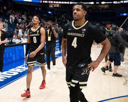 Vanderbilt guard Jordan Wright (4) and guard Tyrin Lawrence (0) walk off the court after losing 87 to 75 against Texas A&M in a semifinal SEC Men   s Basketball Tournament game at Bridgestone Arena Saturday, March 11, 2023, in Nashville, Tenn.

Sec Basketball Vanderbilt Vs Texas A M
