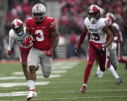 Nov 12, 2022; Columbus, Ohio, USA; Ohio State Buckeyes running back Miyan Williams (3) runs in a touchdown in the first quarter of their NCAA Division I football game between the Ohio State Buckeyes and the Indiana Hoosiers at Ohio Stadium. Mandatory Credit: Brooke LaValley/The Columbus Dispatch-USA TODAY NETWORK