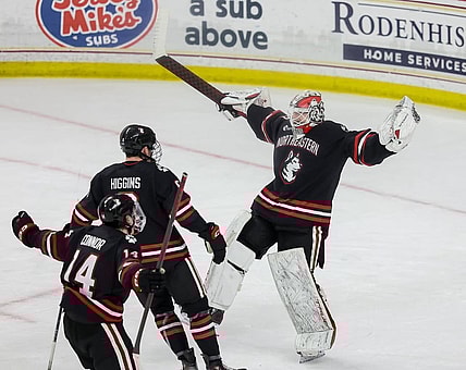 Golden Knights prospect and Northeastern Huskies goaltender Cameron Whitehead celebrates with Jake Higgins and Joe Connor after a win over the Boston College Eagles on 3/15/2025 (Photo/Screenshot- gonumhockey via Instagram)