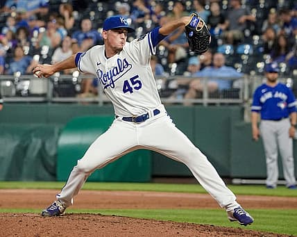 Jun 7, 2022; Kansas City, Missouri, USA; Kansas City Royals relief pitcher Taylor Clarke (45) delivers a pitch against the Toronto Blue Jays during the game at Kauffman Stadium. Mandatory Credit: Denny Medley-USA TODAY Sports