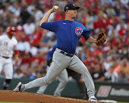 Jul 2, 2021; Cincinnati, Ohio, USA; Chicago Cubs starting pitcher Alec Mills (30) throws a pitch against the Cincinnati Reds during the second inning at Great American Ball Park. Mandatory Credit: David Kohl-USA TODAY Sports