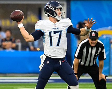 Dec 18, 2022; Inglewood, California, USA; Tennessee Titans quarterback Ryan Tannehill (17) throws a pass during the fourth quarter against the Los Angeles Chargers at SoFi Stadium. Mandatory Credit: Robert Hanashiro-USA TODAY Sports