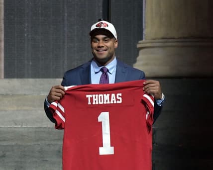 Apr 27, 2017; Philadelphia, PA, USA; Solomon Thomas (Stanford) is selected as the number 3 overall pick to the San Francisco 49ers in the first round the 2017 NFL Draft at the Philadelphia Museum of Art. Mandatory Credit: Kirby Lee-USA TODAY Sport