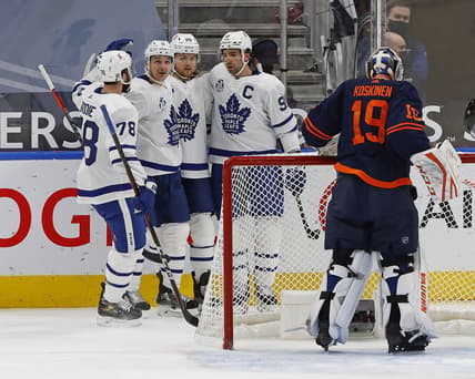 Jan 28, 2021; Edmonton, Alberta, CAN; Toronto Maple Leafs forward William Nylander (88) celebrate a first period goal against the Edmonton Oilers at Rogers Place. Mandatory Credit: Perry Nelson-USA TODAY Sports