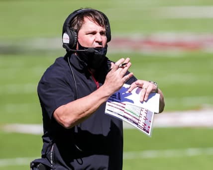 Oct 17, 2020; Columbia, South Carolina, USA; South Carolina Gamecocks head coach Will Muschamp disputes a call against the Auburn Tigers during the second quarter at Williams-Brice Stadium. Mandatory Credit: Jeff Blake-USA TODAY Sports
